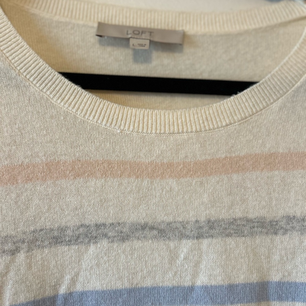 LOFT Cream and Blue Crewneck Sweater with Stripes
